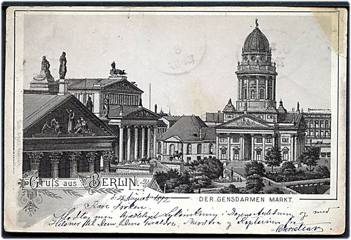 Ufrankeret billedpostkort (Gruss aus Berlin) fra Berlin d. 27.8.1892 til Kjøbenhavn, Danmark - eftersendt til Ringsted. Udtakseret i porto med T-stempel og 40 øre dansk porto.