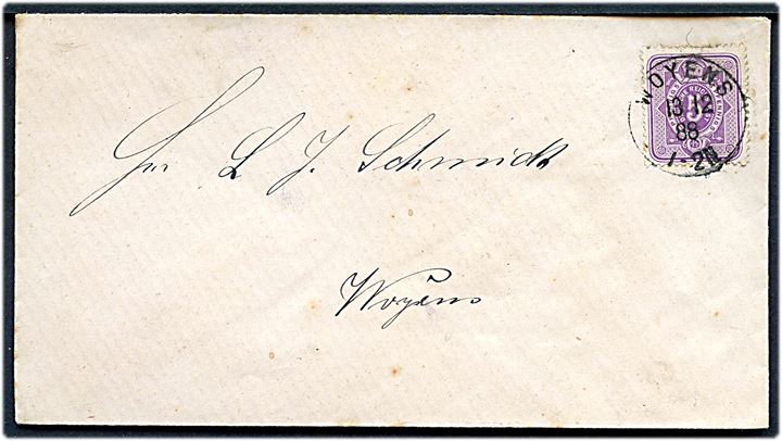 5 pfg. Ciffer på lokaltbrev annulleret med enringsstempel Woyens d. 13.12.1888.