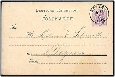 5 pfg. Ciffer på lokalt brevkort dateret Kolsnap annulleret med enringsstempel Woyens d. 6.12.1888 til Vojens.
