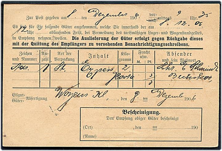5 pfg. Germania på adviskort fra Kleinbahnen des Kreises Hadersleben vedr. ankommen gods sendt lokalt i Woyens d. 8.12.1906.