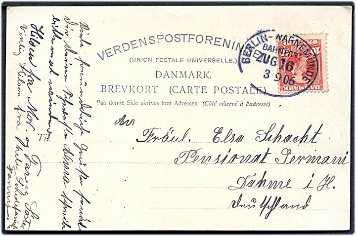 10 øre Chr. IX på brevkort fra København annulleret med tysk bureaustempel Berlin - Warnemünde Bahnpost Zug 16 d. 3.9.1906 til Dahme i Tyskland.