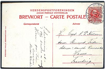 10 øre Fr. VIII på brevkort (Troense, Grønnegade) annulleret med bureaustempel Nyborg - Svendborg T.25 d. 8.8.1907 til Capt. A. P. Nielsen, 3-mastet skonnert Triton i Havre, Frankrig.