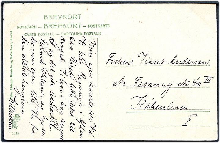 5 øre Fr. VIII på billedside af brevkort (Havnen i Faxe Ladeplads) annulleret med bureaustempel Kjøge - Faxe Lp. T.3 d. 14.6.1907 til København.