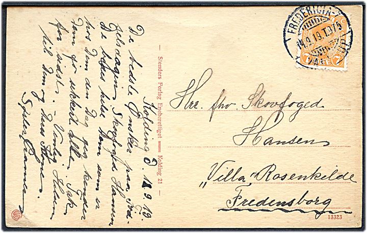 7 øre Chr. X på brevkort fra Kolding annulleret med bureaustempel Fredericia - Vamdrup T.975 d. 14.9.1919 til Fredensborg.