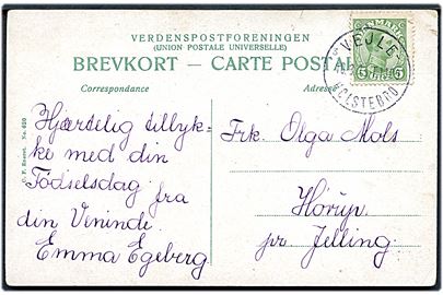 5 øre Chr. X på brevkort annulleret med bureaustempel Vejle - Holstebro sn3 T.1189 d. 10.3.1916 til Hørup pr. Jelling.