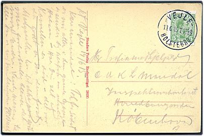 5 øre Chr. X på brevkort fra Vejle annulleret med bureaustempel Vejle - Holstebro sn1 T.1189 d. 19.6.1915 til København.