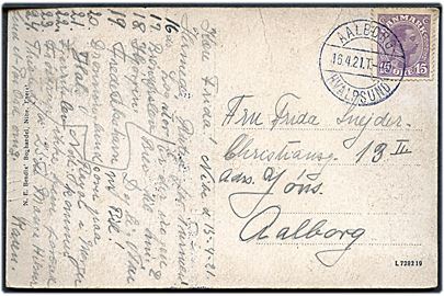 15 øre Chr. X på brevkort dateret Nibe annulleret med bureaustempel Aalborg - Hvalpsund T.40 d. 16.4.1921 til Aalborg.