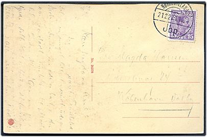 15 øre Chr. X på brevkort (løst) fra Varde annulleret med reserve bureaustempel Nørreyllands Jbp T.1028 d. 21.2.1922 til København. Reservestempel (R9) benyttet på strækningen Fredericia-Struer.
