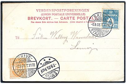 1 øre Våben og 4 øre Bølgelinie på brevkort (Nykøbing Mors posthus) annulleret med bureaustempel Skive - Nykjøbing T.1170 d. 6.9.1905 til Lemvig.