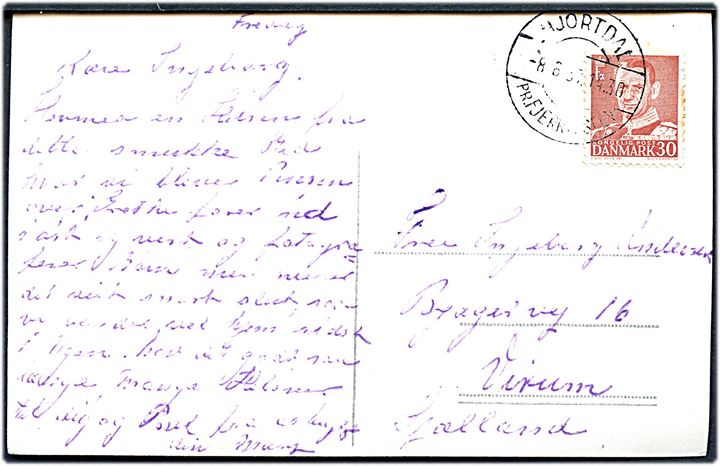 30 øre Fr. IX på brevkort (Nedkørsel til Svinkløv Badehotel) annulleret med pr.-stempel Hjortdal pr. Fjerritslev d. 8.6.1957 til Virum.