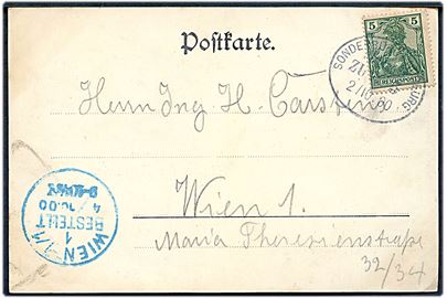 5 pfg. Germania på brevkort (Hilsen fra Kekenis med fyrtårn) annulleret med bureaustempel Sonderburg - Norburg Bahnpost Zug 5 d. 2.10.1900 til Wien, Østrig.