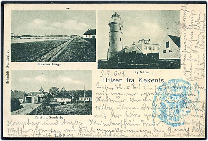 5 pfg. Germania på brevkort (Hilsen fra Kekenis med fyrtårn) annulleret med bureaustempel Sonderburg - Norburg Bahnpost Zug 5 d. 2.10.1900 til Wien, Østrig.