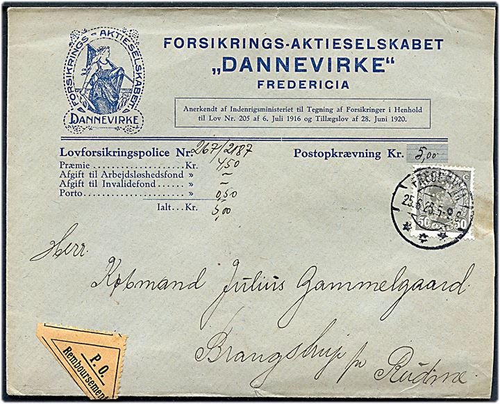 50 øre Chr. X med perfin A/S D på illustreret firmakuvert fra Forsikrings-Aktieselskabet Dannevirke sendt med postopkrævning fra Fredericia d. 25.6.1926 til Brangstrup pr. Rudme.