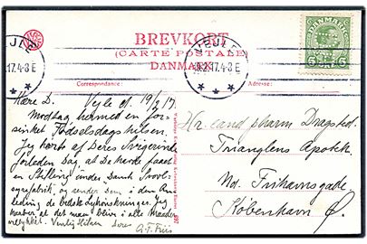 5 øre Chr. X med perfin D.F. (Firma D. Friis A/S) på brevkort (Mølle i Grejsdalen, Vejle) stemplet Vejle d. 19.2.1917 til København. Privat anvendelse af direktør Axel Frederik Friis, søn af firmaets grundlægger Axel Ditlev Friis.