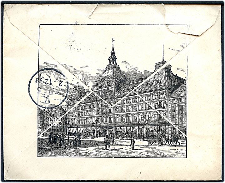 4 øre Tofarvet med perfin Th.W & V. (Th. Wessel & Vett) på illustreret firmakuvert fra Magasin du Nord sendt lokalt i Kjøbenhavn d. 2.12.1898.