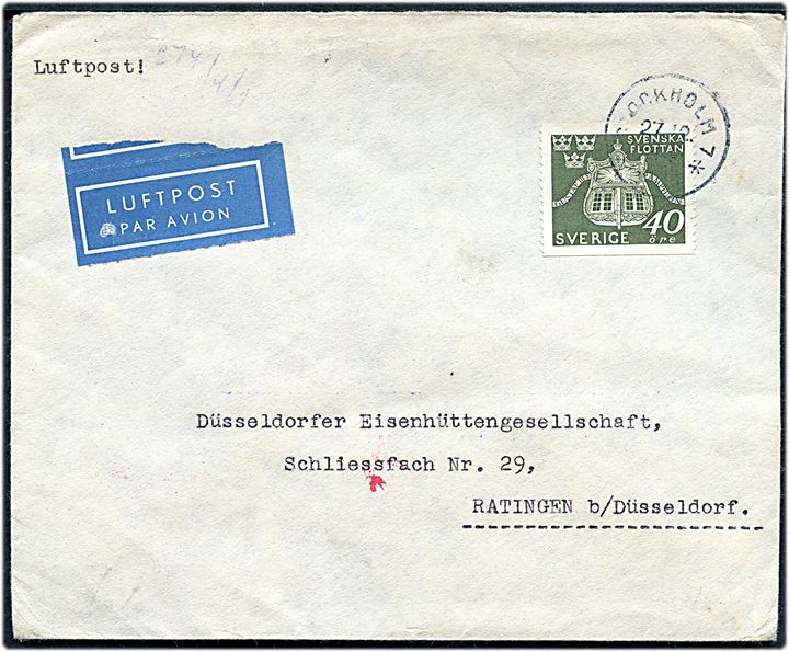 40 öre Svenska Flottan single på luftpostbrev fra Stockholm d. 27.12.1944 til Ratingen b. Düsseldorf, Tyskland. Åbnet af tysk censur i Berlin.