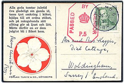5 öre P.H.Ling på julekort sendt som tryksag fra Malmö d. 21.12.1939 til Woldingham, England. Britisk censur: Passed by Censor P.5.