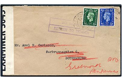 ½d og 2d George VI på brev fra Greenock d. 9.5.1941 til Göteborg, Sverige. Åbnet af britisk censur PC90/3045 og returneret fra London d. 15.9.1941 med stempel No Service / Return to sender.