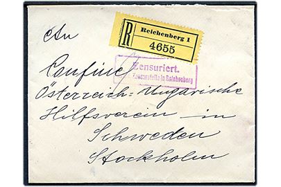 25 h. Franz Joseph i parstykke på bagsiden af anbefalet brev fra Reichenberg d. 9.10.1914 til Österreich-Ungarische Hilfsverein i Stockholm, Sverige. Åbnet af østrig-ungarsk censur i Reichenberg.