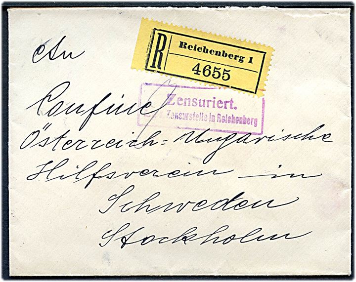 25 h. Franz Joseph i parstykke på bagsiden af anbefalet brev fra Reichenberg d. 9.10.1914 til Österreich-Ungarische Hilfsverein i Stockholm, Sverige. Åbnet af østrig-ungarsk censur i Reichenberg.