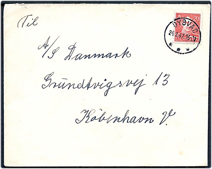 20 øre Chr. X på brev annulleret med brotype IIIc Dybvad d. 24.2.1947 til København.