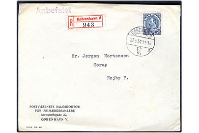 75 øre Chr. X single på anbefalet brev fra Postvæsenets Salgskontor København V. d. 22.9.1951 til Højby F.