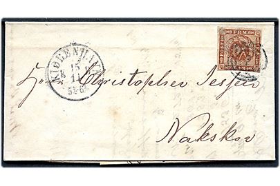4 sk. 1858 udg. på brev annulleret med nr.stempel 1 og sidestemplet Kiøbenhavn d. 15.11.1862 til Nakskov. Indeholder regning for gods sendt med skipper Sörensen til Nakskov.