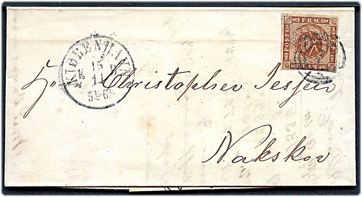 4 sk. 1858 udg. på brev annulleret med nr.stempel 1 og sidestemplet Kiøbenhavn d. 15.11.1862 til Nakskov. Indeholder regning for gods sendt med skipper Sörensen til Nakskov.
