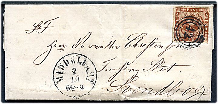 4 sk. stukken kant på brev med indhold dateret Ladegaard annulleret med nr.stempel 42 og sidestemplet antiqua Middelfart d. 2.10.1863 til Taasing Slot pr. Svendborg.