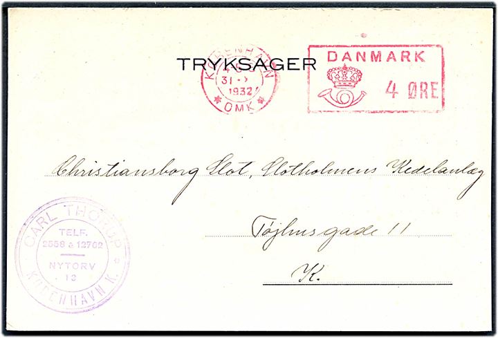 4 øre posthusfranko København *OMK* på lokal tryksag i København d. 31.10.1932.