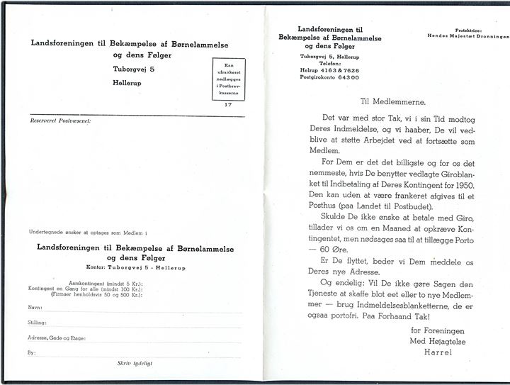 6 øre posthusfranko på fortrykt kuvert fra Landsforeningen til bekæmpelse af Børnelammelse og dens følger sendt lokalt i København d. 31.12.1949. Fuldt indhold.