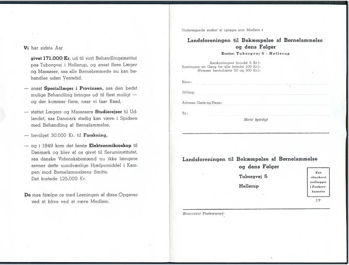 6 øre posthusfranko på fortrykt kuvert fra Landsforeningen til bekæmpelse af Børnelammelse og dens følger sendt lokalt i København d. 31.12.1949. Fuldt indhold.