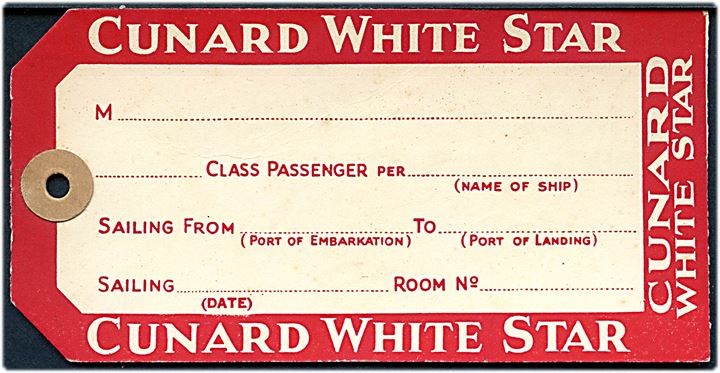 Cunard White Star - manila-mærke til bagage - formular G84/127. Ubrugt.