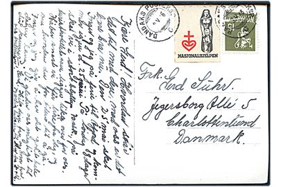 15 øre Løve (defekt) og Nasjonalhjelpen mærket på brevkort annulleret med sejlende bureaustempel Bandaks Posteksp. C d. 8.5.1946 til Charlottenlund, Danmark.