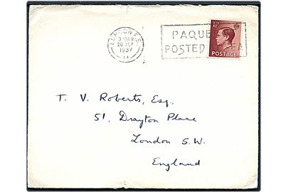 1½d Edward VIII på fortrykt kuvert fra Blue Star Line annulleret med skibsstempel London F.S. / Paquebot posted at Sea d. 20.7.1937 til London.