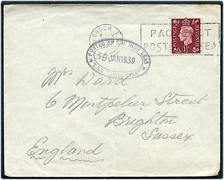 1½d George VI på brev annulleret med skibsstempel London F.S. / Paquebot posted at Sea d. 14.1.1939 og sidestemplet med purser-stempel Posted on the High Seas * T.S.S. Avila Star * d. 10.1.1939 til Brighton, England.