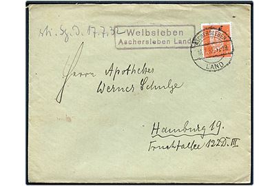 12 pfg. Hindenburg på brev annulleret Aschersleben Land d. 16.7.1932 og sidestemplet Welbsleben Aschersleben Land til Hamburg.