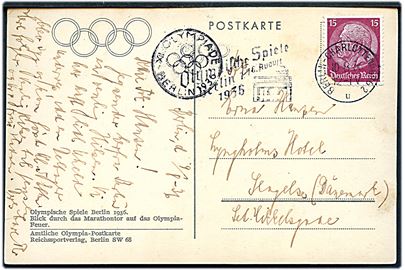15 pfg. Hindenburg på brevkort (Olympiske station) annulleret med Olympiade TMS i Berlin-Charlottenburg d. 10.8.1936 og sidestemplet XI OLYPIADE BERLIN 1936 til Slagelse, Danmark. 