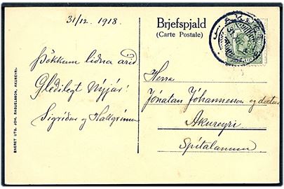 5 aur To Konger på lokalt brevkort (Reykjahlidar riamur vid Myvatn) sendt lokalt i Akureyri d. 31.12.1918.