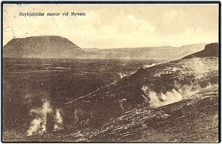 5 aur To Konger på lokalt brevkort (Reykjahlidar riamur vid Myvatn) sendt lokalt i Akureyri d. 31.12.1918.