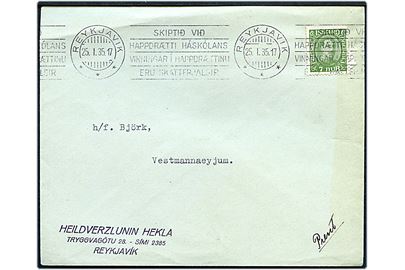 7 aur Chr. X single på tryksag fra Reykjavik d. 25.1.1935 til Vestmannaeyjum.