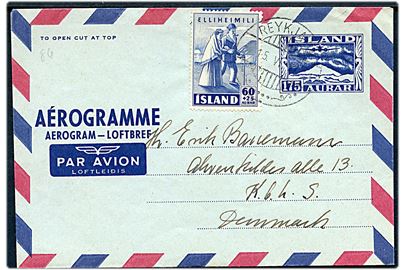 175 aur helsags aerogram opfrankeret med 60+25 aur Velgørenhed fra Reykjavik d. 15.6.1957 til København, Danmark.