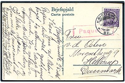 15 aur Chr. X på brevkort (Luftfoto af Reykjavik 1920) dateret i Reykjavik d. 25.10. annulleret med norsk stempel i Kristiania d. 5.11.1923 og sidestemplet Paquebot til Hellerup, Danmark.
