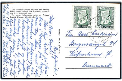 70 aur Håndskrifter (2) på brevkort (Islandske heste) fra Reykjavik d. 25.?.1958 til København, Danmark.