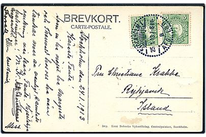 5 öre Gustaf (2) på brevkort fra Stockholm d. 25.1.1913 til Reykjavik, Island. 