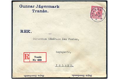 35 öre Bellman single på anbefalet brev fra Tranås d. 19.8.1940 til Reykjavik, Island. Åbnet af svensk toldkontrol og ank.stemplet i Reykjavik d. 3.11.1940.