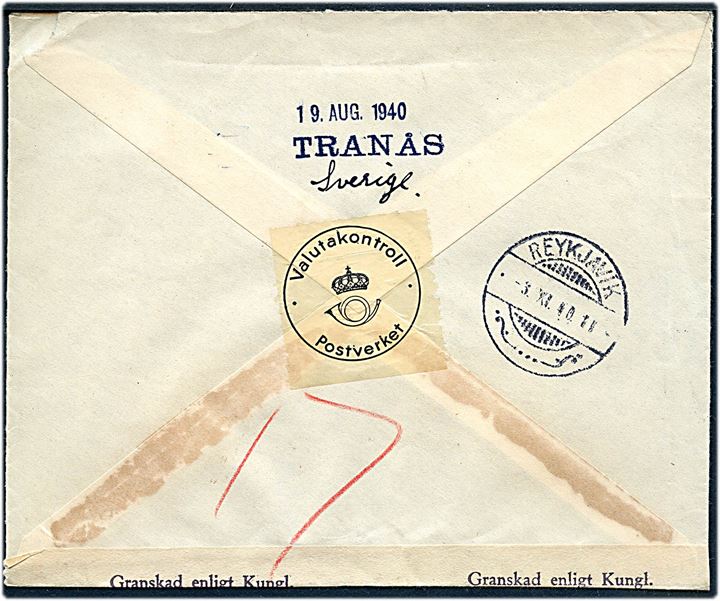 35 öre Bellman single på anbefalet brev fra Tranås d. 19.8.1940 til Reykjavik, Island. Åbnet af svensk toldkontrol og ank.stemplet i Reykjavik d. 3.11.1940.