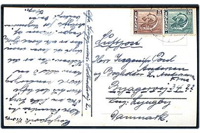 5 aur og 50 aur Torsk på luftpost brevkort (Skogarfoss) fra Reykjavik d. 4.10.1946 til Lyngby, Danmark.