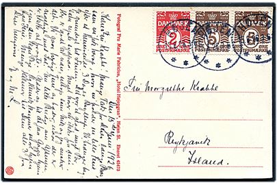 2 øre og 5 øre (2) Bølgelinie på brevkort (Jeckels hotel, Gl. Skagen) annulleret med brotype IIIb Højen d. 15.6.1926 til Reykjavik, Island.
