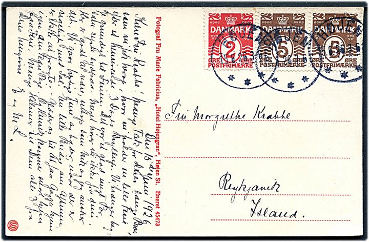 2 øre og 5 øre (2) Bølgelinie på brevkort (Jeckels hotel, Gl. Skagen) annulleret med brotype IIIb Højen d. 15.6.1926 til Reykjavik, Island.